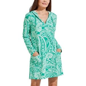 Coolibar UPF 50+ Catalina Beach Teal Green Paisley Hooded Cover-Up Dress Size L